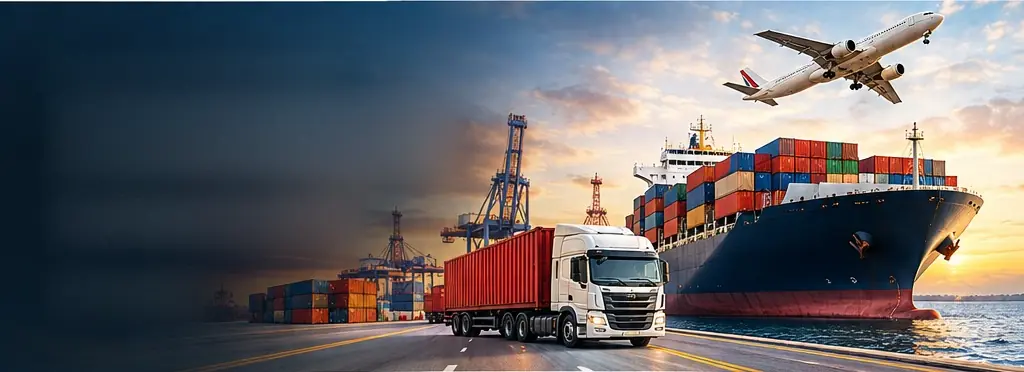 Truck, container ship and cargo plane at a port at sunset