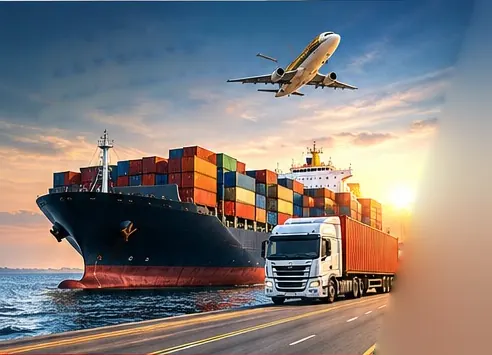 Container ship, truck and airplane moving cargo